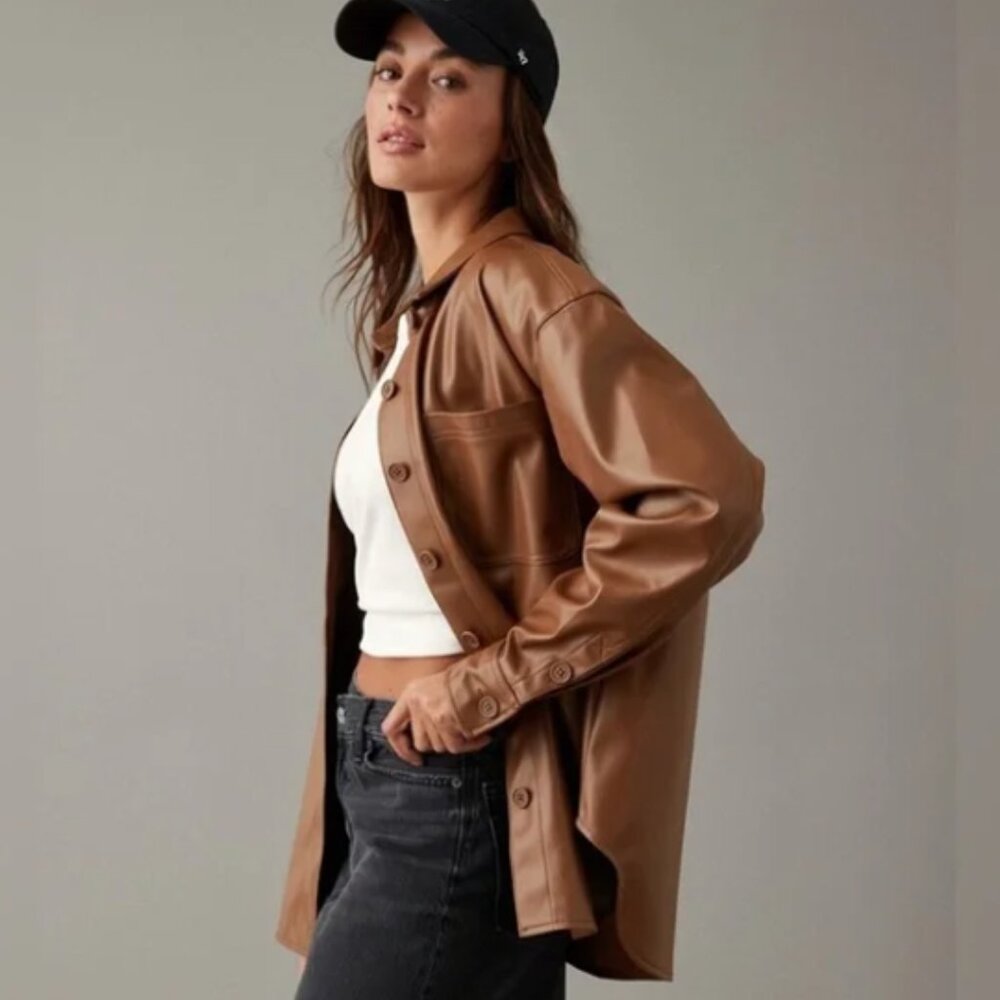 American Eagle Pleather Brown Button-Up Shirt/Sha… - image 1